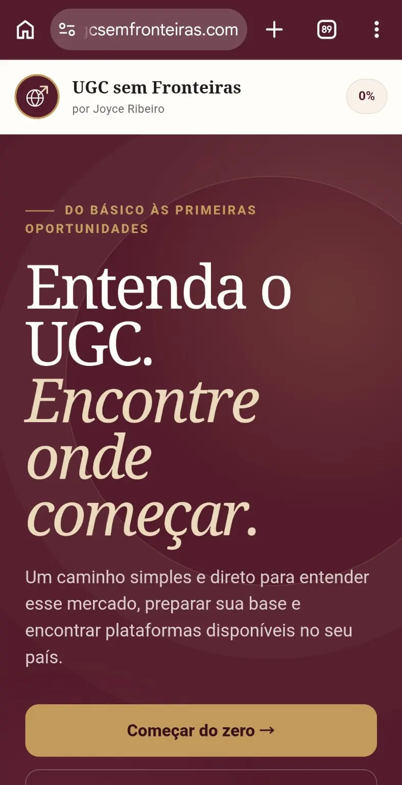 Área privada do UGC sem Fronteiras exibida no celular
